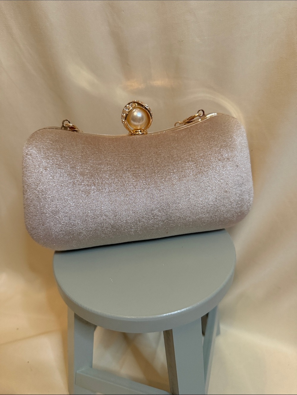 Pearl-Accent Champagne Evening Clutch by